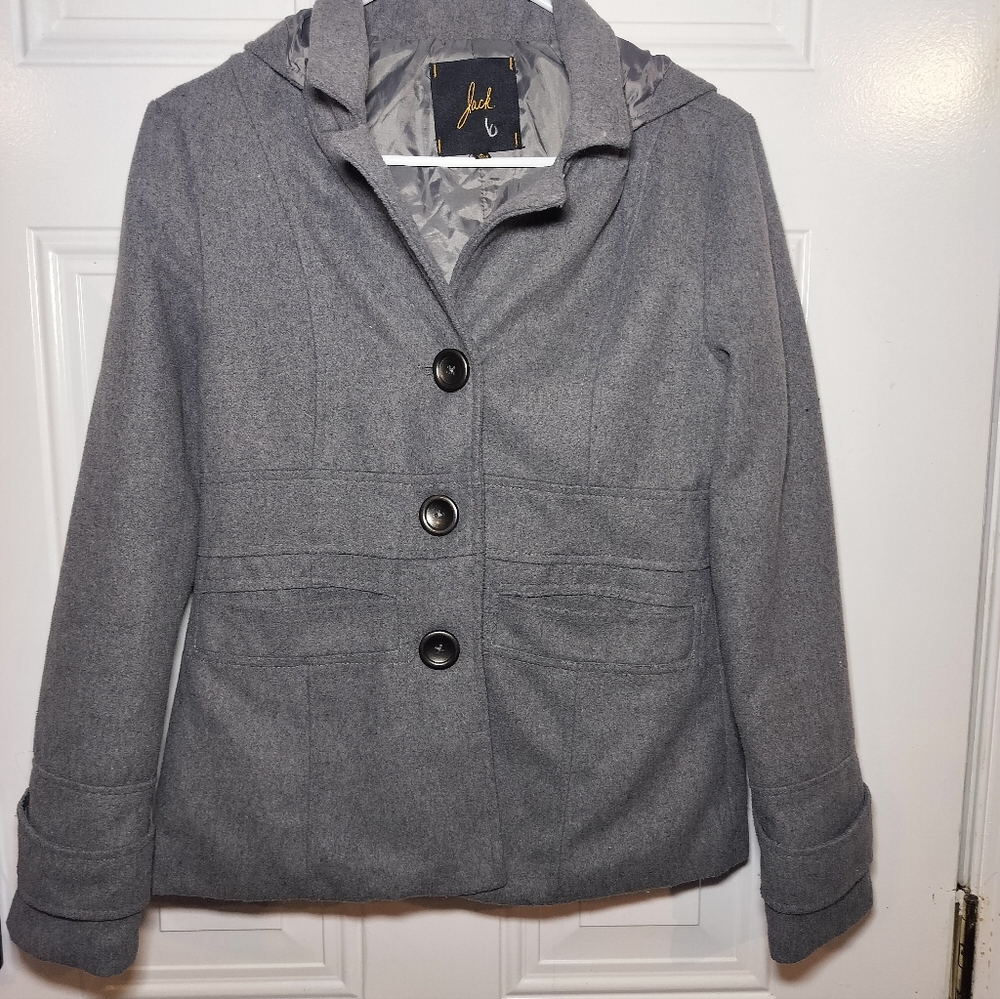 Jack Women’s Gray Wool Blend Hooded Peacoat Jacket Size S Button Front